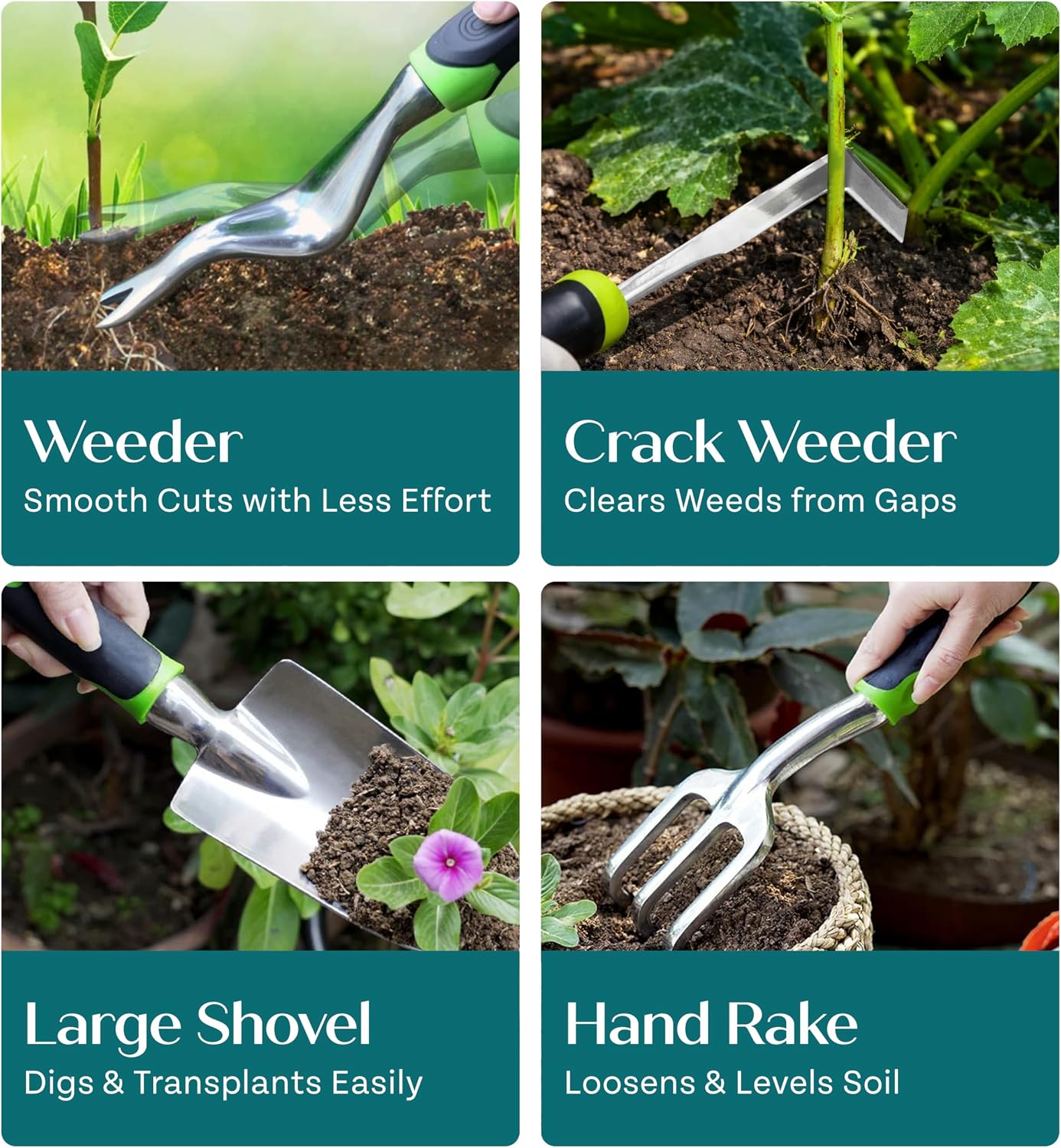 Heavy Duty Gardening Tools - Gardening Gifts for Women, Men, Mom, Dad - Durable, Ergonomic Garden Tools Set (Green)