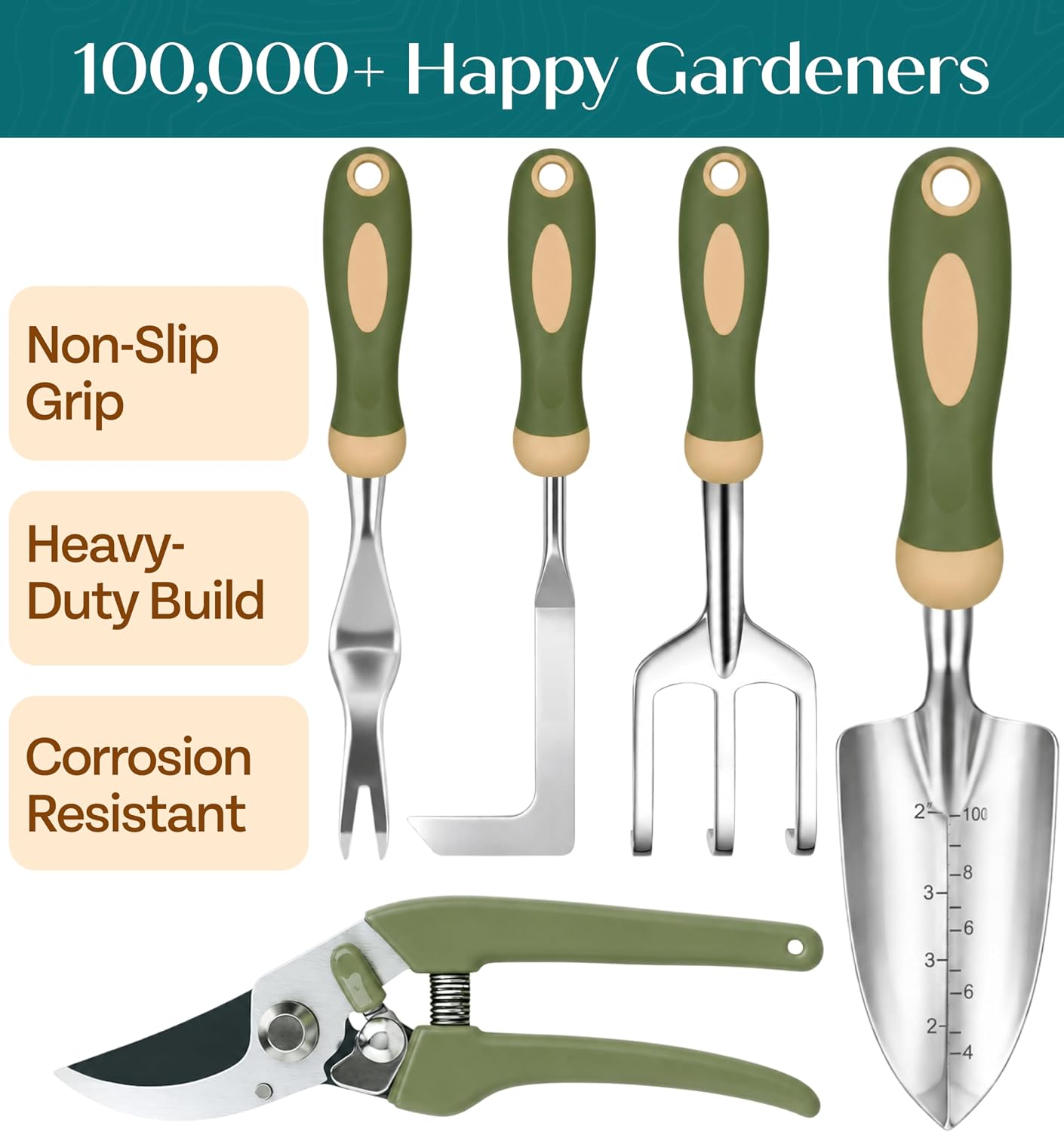 Heavy Duty Gardening Tools - Gardening Gifts for Women, Men, Mom, Dad - Durable, Ergonomic Garden Tools Set (Green)