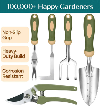 Heavy Duty Gardening Tools - Gardening Gifts for Women, Men, Mom, Dad - Durable, Ergonomic Garden Tools Set (Green)