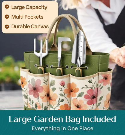 Heavy Duty Gardening Tools - Gardening Gifts for Women, Men, Mom, Dad - Durable, Ergonomic Garden Tools Set (Green)