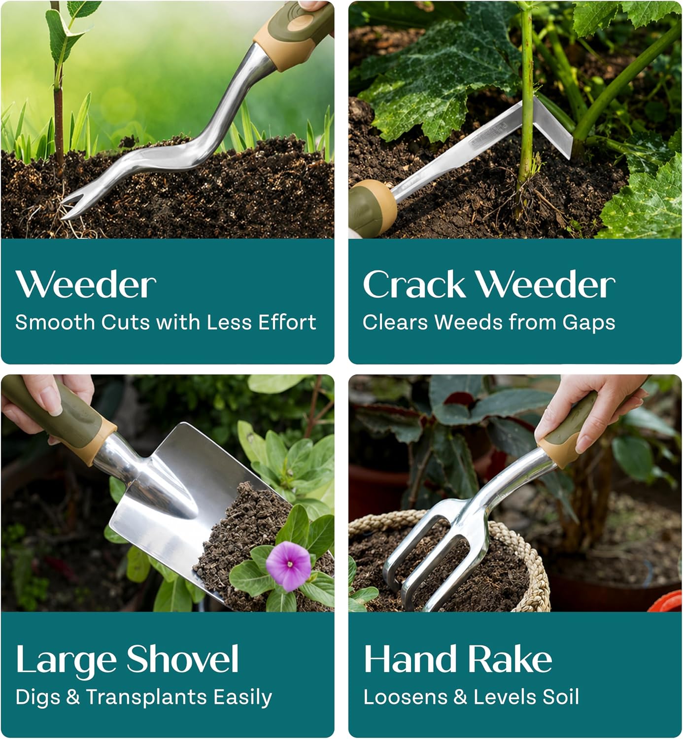 Heavy Duty Gardening Tools - Gardening Gifts for Women, Men, Mom, Dad - Durable, Ergonomic Garden Tools Set (Green)