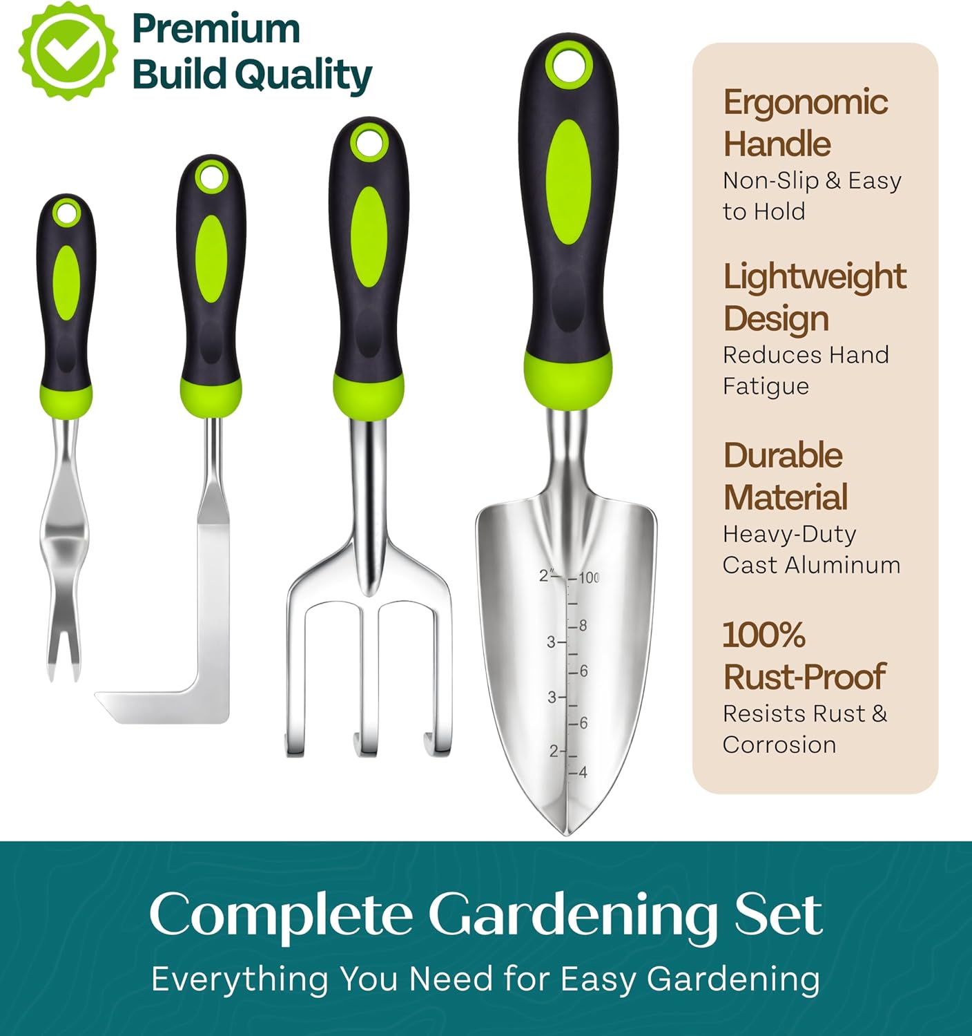 Heavy Duty Gardening Tools - Gardening Gifts for Women, Men, Mom, Dad - Durable, Ergonomic Garden Tools Set (Green)