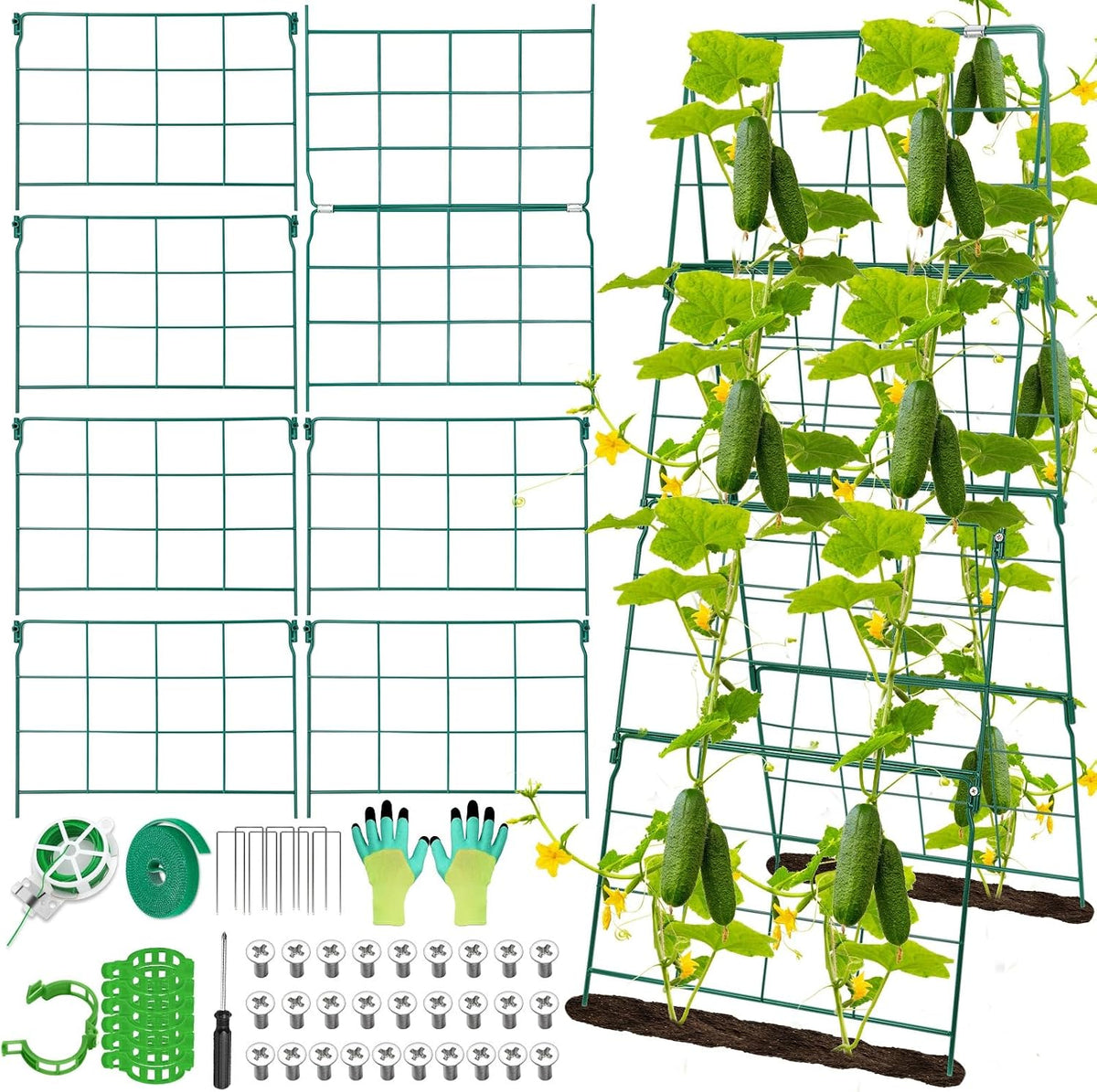 67 x 50 Cucumber Trellis for Raised Bed, U-Shape Metal Large Garden Trellis for Climbing Plants Outdoors with Netting, Garden Tools, Cucumber Arch Trellis for Vegetable Fruit Flower Plant Support