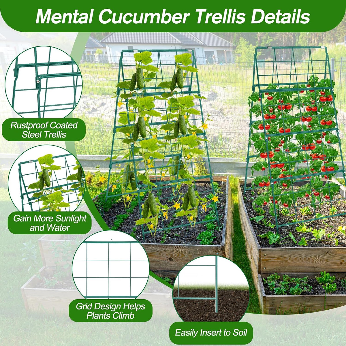 67 x 50 Cucumber Trellis for Raised Bed, U-Shape Metal Large Garden Trellis for Climbing Plants Outdoors with Netting, Garden Tools, Cucumber Arch Trellis for Vegetable Fruit Flower Plant Support