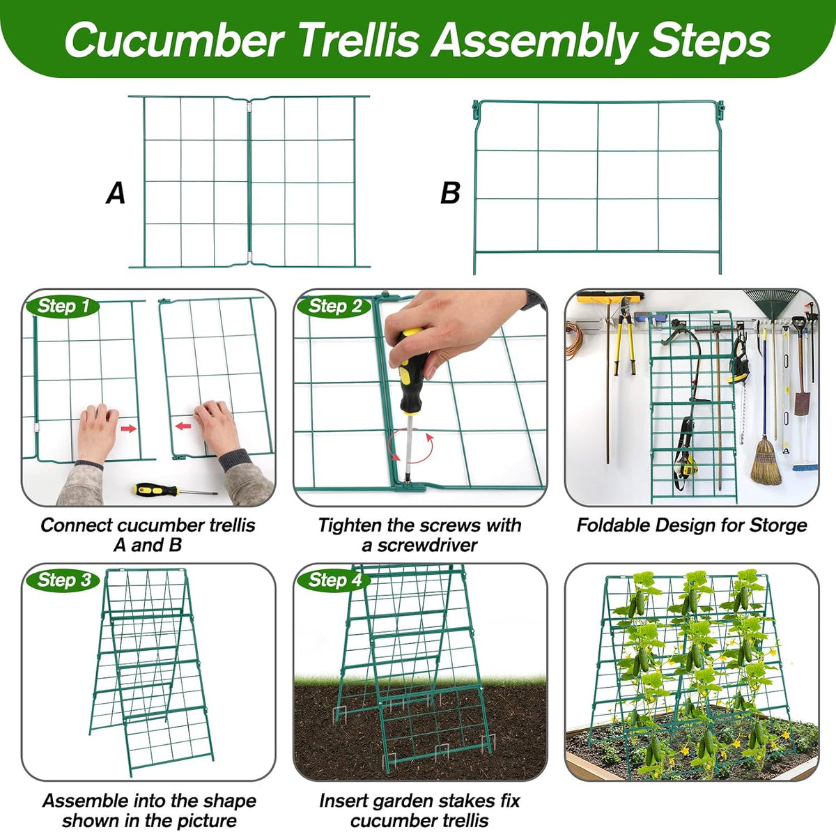 67 x 50 Cucumber Trellis for Raised Bed, U-Shape Metal Large Garden Trellis for Climbing Plants Outdoors with Netting, Garden Tools, Cucumber Arch Trellis for Vegetable Fruit Flower Plant Support