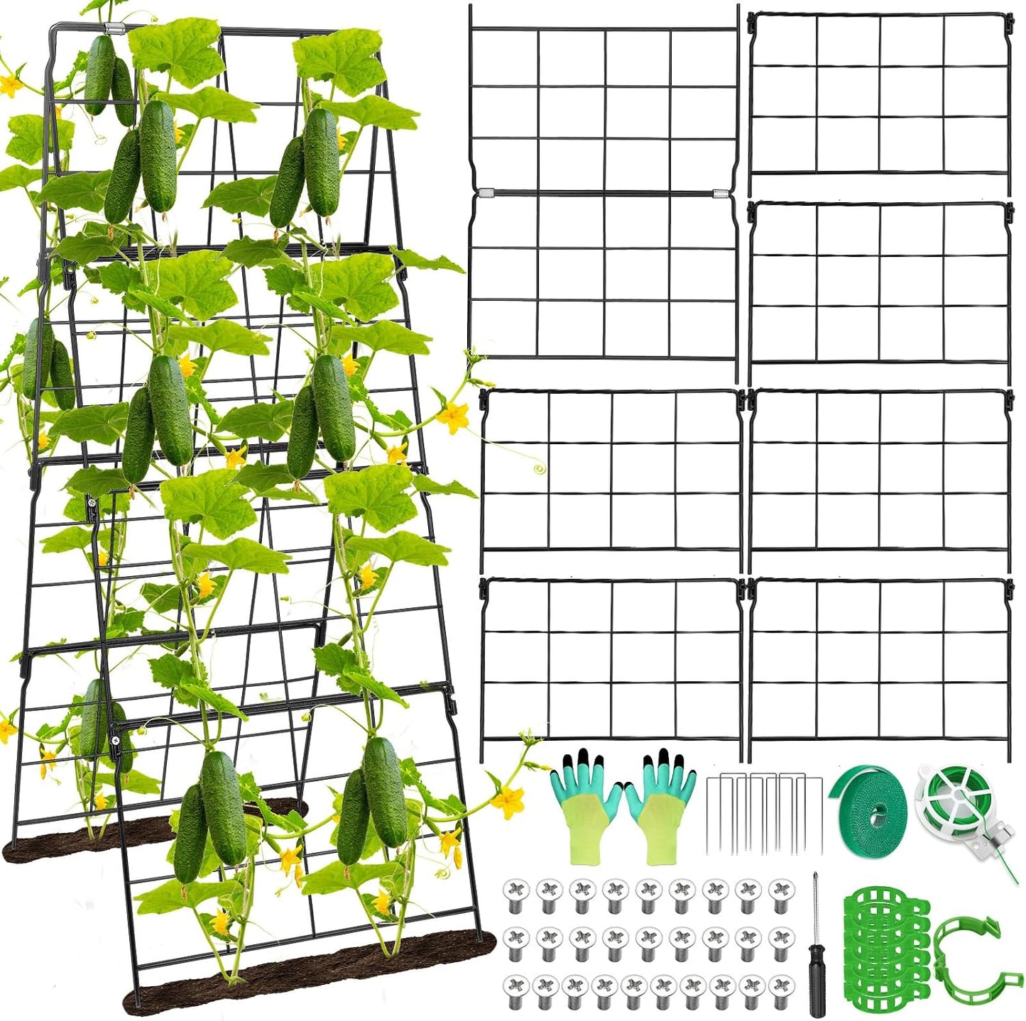 67 x 50 Cucumber Trellis for Raised Bed, U-Shape Metal Large Garden Trellis for Climbing Plants Outdoors with Netting, Garden Tools, Cucumber Arch Trellis for Vegetable Fruit Flower Plant Support