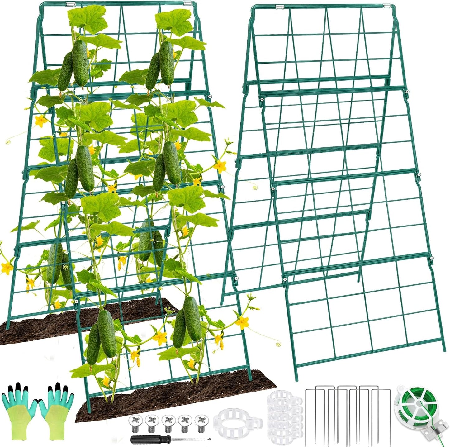 67 x 50 Cucumber Trellis for Raised Bed, U-Shape Metal Large Garden Trellis for Climbing Plants Outdoors with Netting, Garden Tools, Cucumber Arch Trellis for Vegetable Fruit Flower Plant Support
