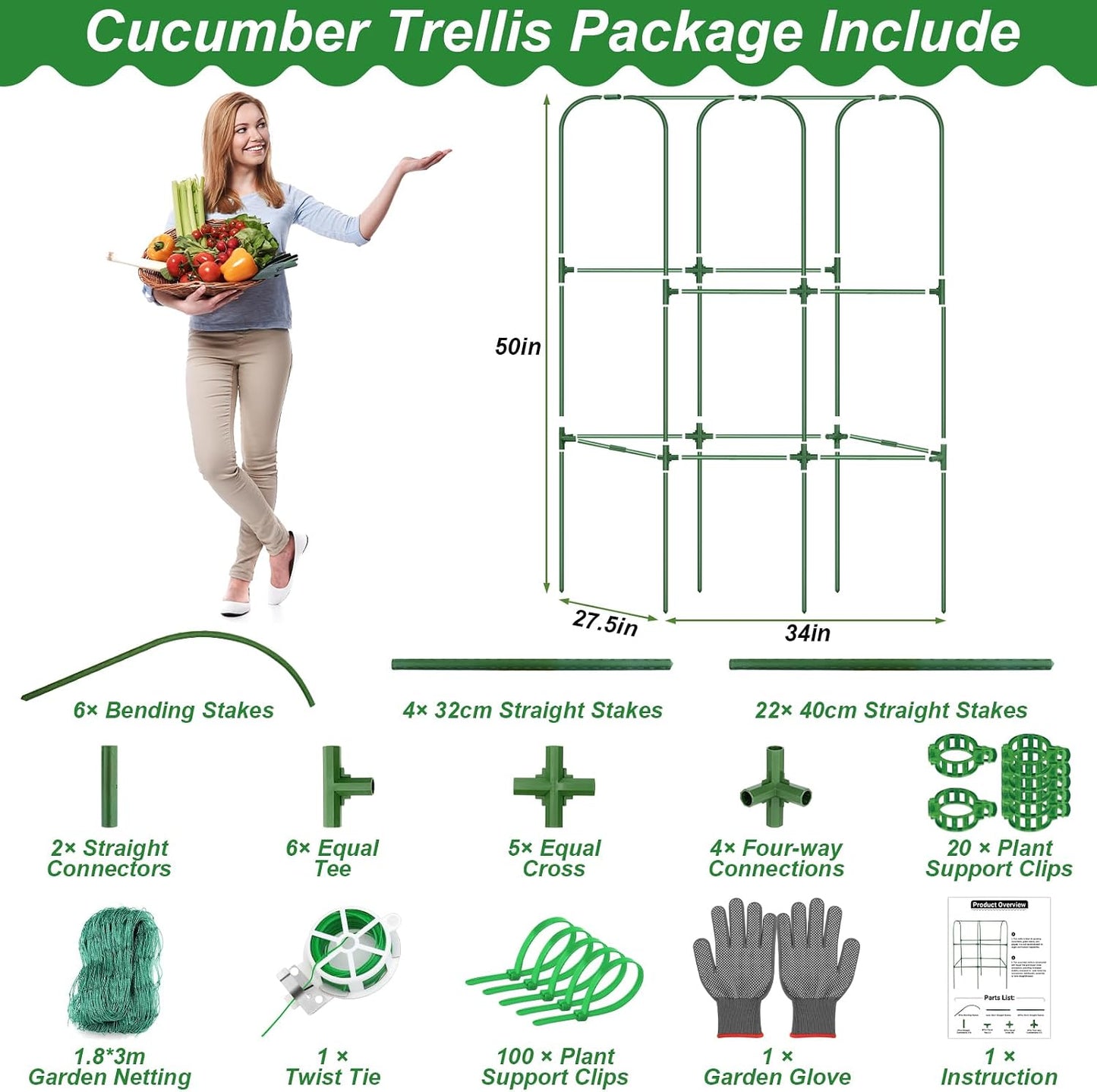 67 x 50 Cucumber Trellis for Raised Bed, U-Shape Metal Large Garden Trellis for Climbing Plants Outdoors with Netting, Garden Tools, Cucumber Arch Trellis for Vegetable Fruit Flower Plant Support