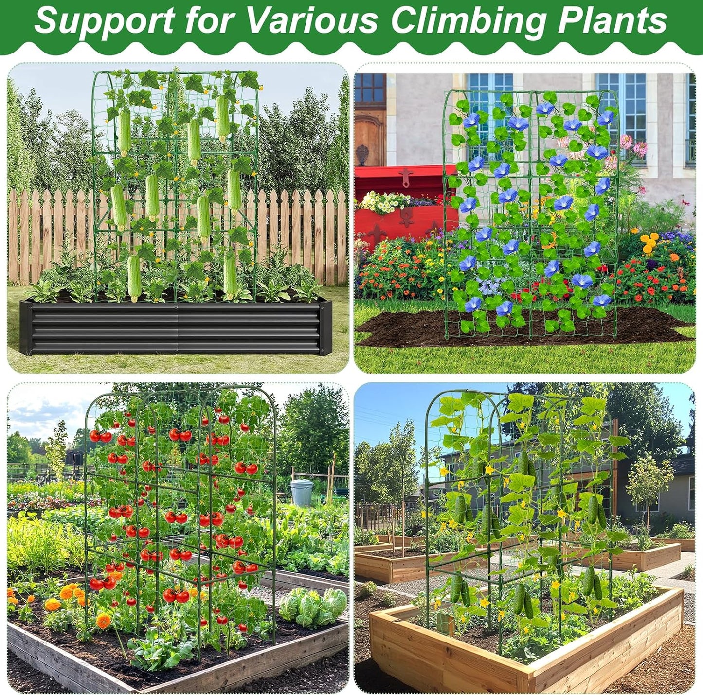 67 x 50 Cucumber Trellis for Raised Bed, U-Shape Metal Large Garden Trellis for Climbing Plants Outdoors with Netting, Garden Tools, Cucumber Arch Trellis for Vegetable Fruit Flower Plant Support