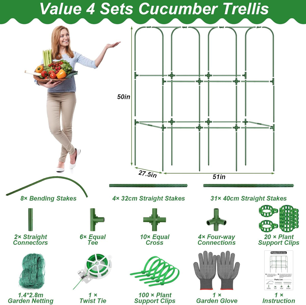 67 x 50 Cucumber Trellis for Raised Bed, U-Shape Metal Large Garden Trellis for Climbing Plants Outdoors with Netting, Garden Tools, Cucumber Arch Trellis for Vegetable Fruit Flower Plant Support