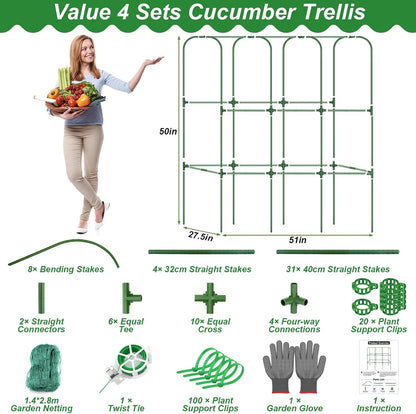 67 x 50 Cucumber Trellis for Raised Bed, U-Shape Metal Large Garden Trellis for Climbing Plants Outdoors with Netting, Garden Tools, Cucumber Arch Trellis for Vegetable Fruit Flower Plant Support