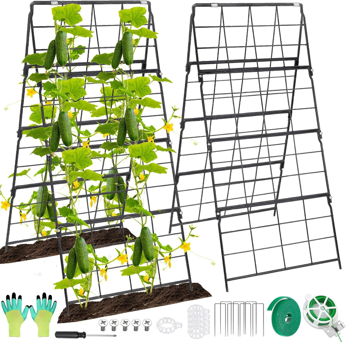 67 x 50 Cucumber Trellis for Raised Bed, U-Shape Metal Large Garden Trellis for Climbing Plants Outdoors with Netting, Garden Tools, Cucumber Arch Trellis for Vegetable Fruit Flower Plant Support
