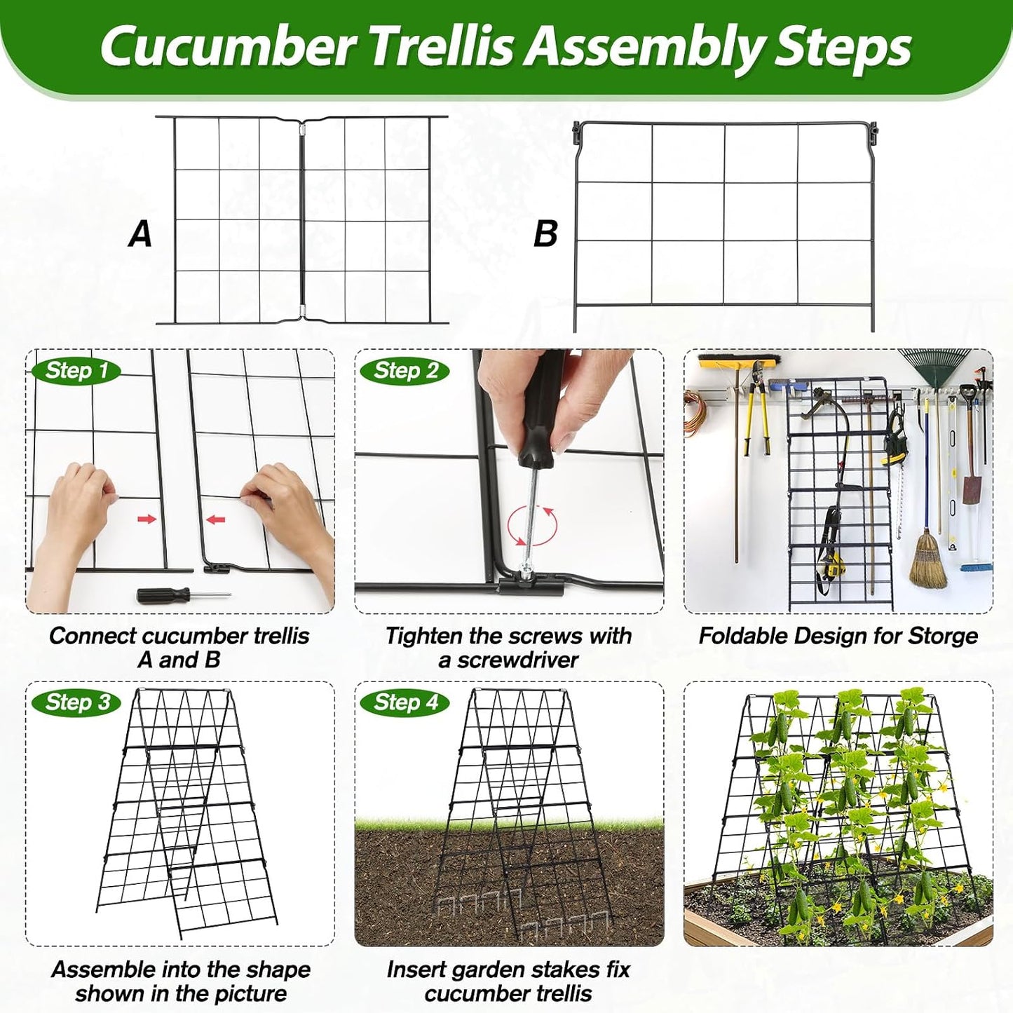 67 x 50 Cucumber Trellis for Raised Bed, U-Shape Metal Large Garden Trellis for Climbing Plants Outdoors with Netting, Garden Tools, Cucumber Arch Trellis for Vegetable Fruit Flower Plant Support