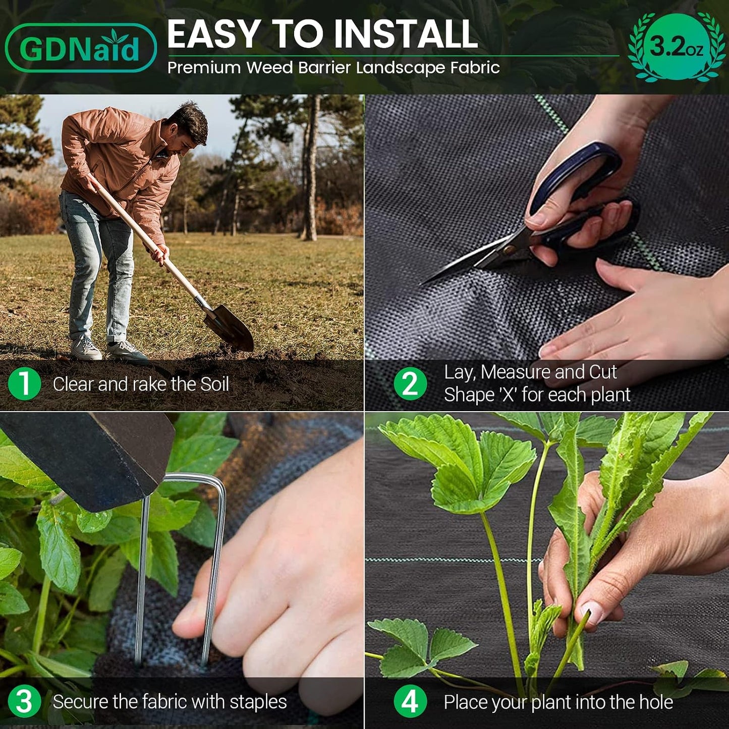 3ftx100ft Weed Barrier Landscape Fabric Heavy Duty, 3.2oz Weed Barrier Fabric, Easy Setup Woven Garden Landscaping Fabric