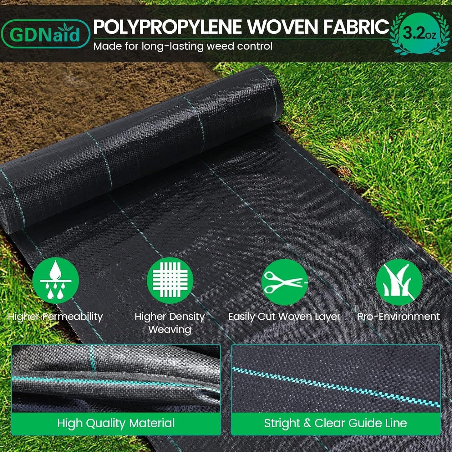 3ftx100ft Weed Barrier Landscape Fabric Heavy Duty, 3.2oz Weed Barrier Fabric, Easy Setup Woven Garden Landscaping Fabric