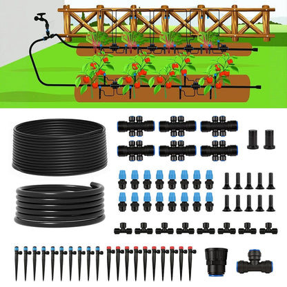100FT Drip Irrigation System Kit, Quick Connect Garden Watering System, Easy Install Drip Irrigation Kit with 1/2" & 1/4" Tubing, Adjustable Emitters for Garden, Raised Beds, Greenhouse