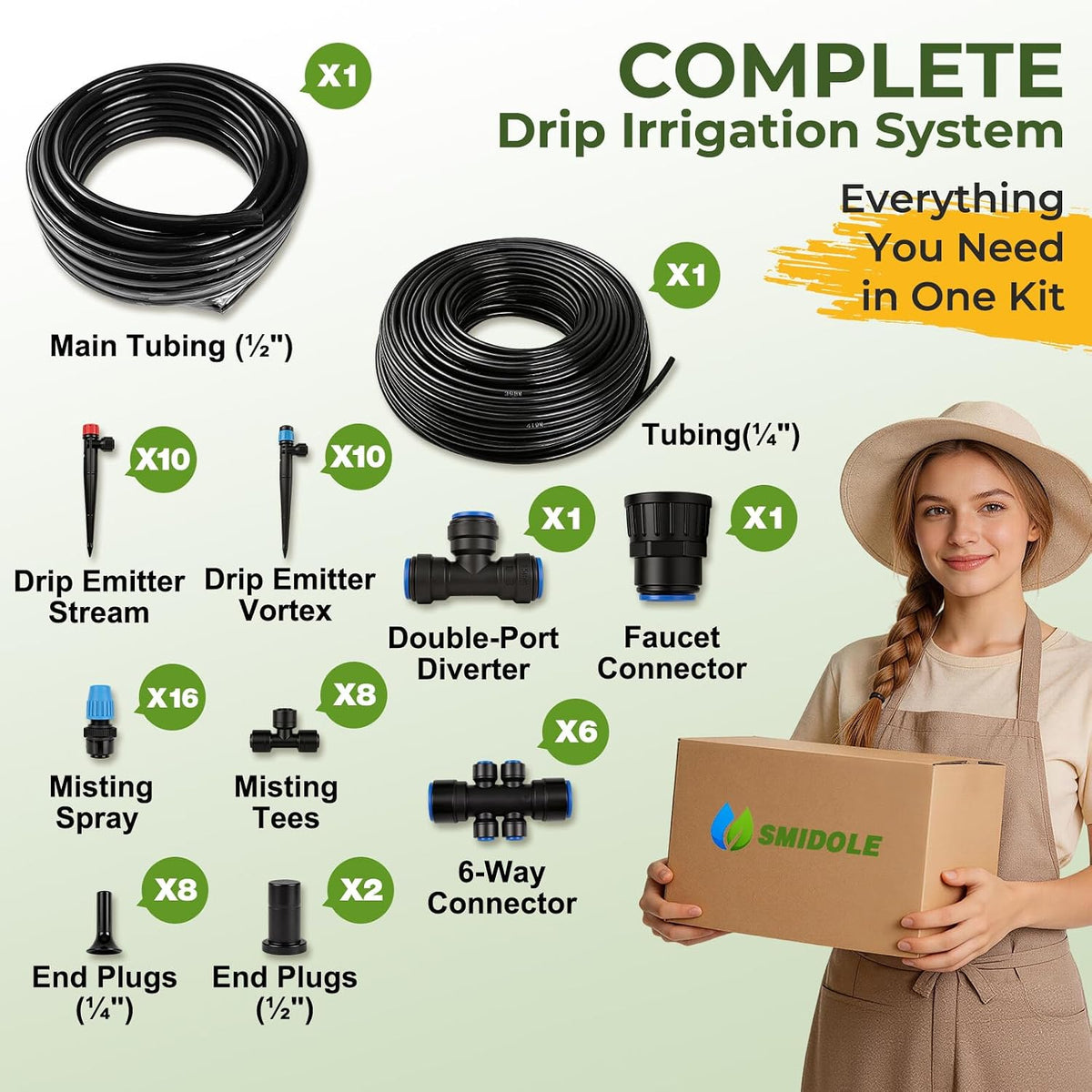 100FT Drip Irrigation System Kit, Quick Connect Garden Watering System, Easy Install Drip Irrigation Kit with 1/2" & 1/4" Tubing, Adjustable Emitters for Garden, Raised Beds, Greenhouse