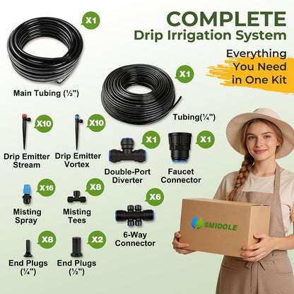 100FT Drip Irrigation System Kit, Quick Connect Garden Watering System, Easy Install Drip Irrigation Kit with 1/2" & 1/4" Tubing, Adjustable Emitters for Garden, Raised Beds, Greenhouse