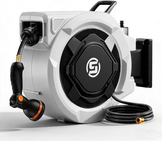 Retractable Garden Hose Reel - 1/2" x 100ft Wall Mounted Hose Reel with 3/4'' Brass Fitting & 10-Pattern Nozzle - Auto Slow Retraction, Any-Length Lock, 180°Swivel for Lawn & Gardening