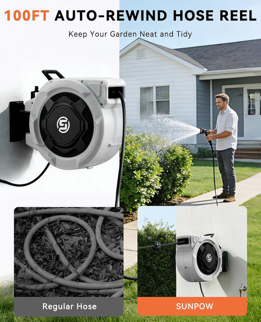Retractable Garden Hose Reel - 1/2" x 100ft Wall Mounted Hose Reel with 3/4'' Brass Fitting & 10-Pattern Nozzle - Auto Slow Retraction, Any-Length Lock, 180°Swivel for Lawn & Gardening