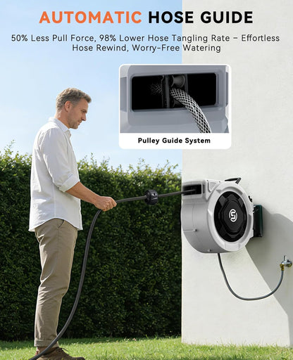 Retractable Garden Hose Reel - 1/2" x 100ft Wall Mounted Hose Reel with 3/4'' Brass Fitting & 10-Pattern Nozzle - Auto Slow Retraction, Any-Length Lock, 180°Swivel for Lawn & Gardening