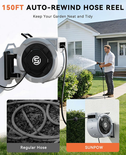 Retractable Garden Hose Reel - 1/2" x 100ft Wall Mounted Hose Reel with 3/4'' Brass Fitting & 10-Pattern Nozzle - Auto Slow Retraction, Any-Length Lock, 180°Swivel for Lawn & Gardening