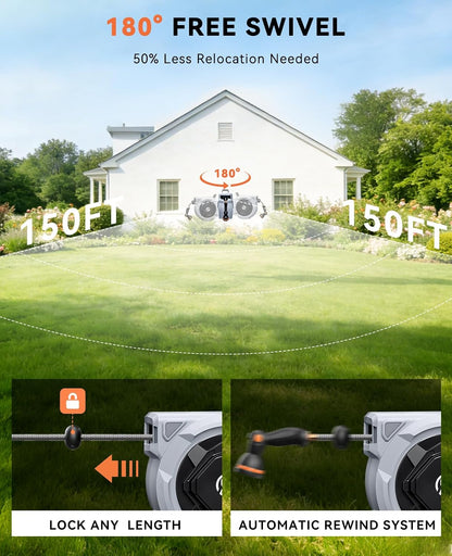 Retractable Garden Hose Reel - 1/2" x 100ft Wall Mounted Hose Reel with 3/4'' Brass Fitting & 10-Pattern Nozzle - Auto Slow Retraction, Any-Length Lock, 180°Swivel for Lawn & Gardening