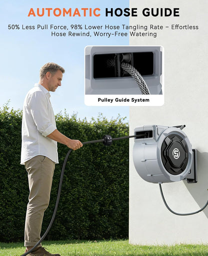 Retractable Garden Hose Reel - 1/2" x 100ft Wall Mounted Hose Reel with 3/4'' Brass Fitting & 10-Pattern Nozzle - Auto Slow Retraction, Any-Length Lock, 180°Swivel for Lawn & Gardening