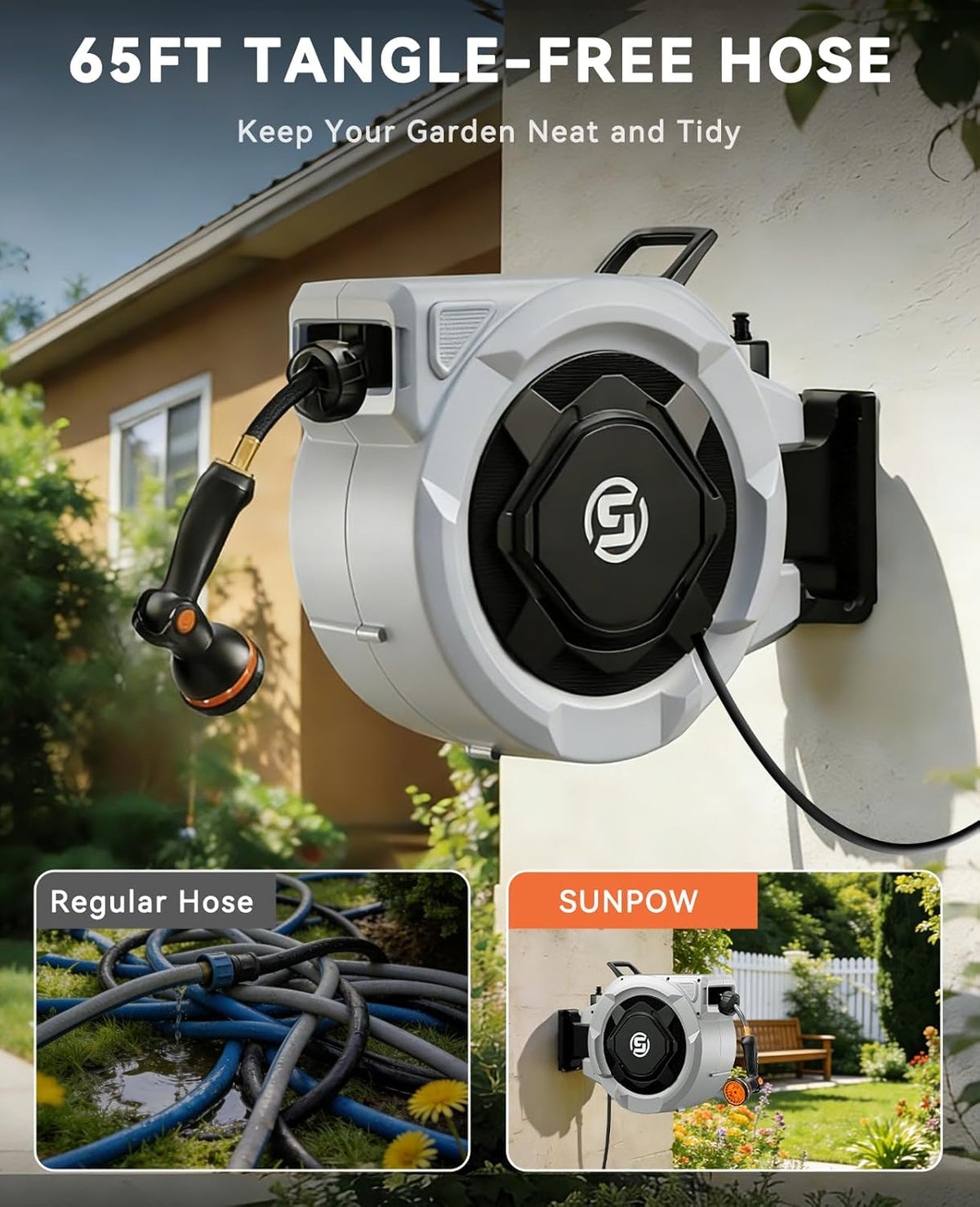Retractable Garden Hose Reel - 1/2" x 100ft Wall Mounted Hose Reel with 3/4'' Brass Fitting & 10-Pattern Nozzle - Auto Slow Retraction, Any-Length Lock, 180°Swivel for Lawn & Gardening