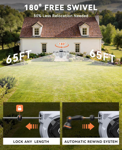 Retractable Garden Hose Reel - 1/2" x 100ft Wall Mounted Hose Reel with 3/4'' Brass Fitting & 10-Pattern Nozzle - Auto Slow Retraction, Any-Length Lock, 180°Swivel for Lawn & Gardening
