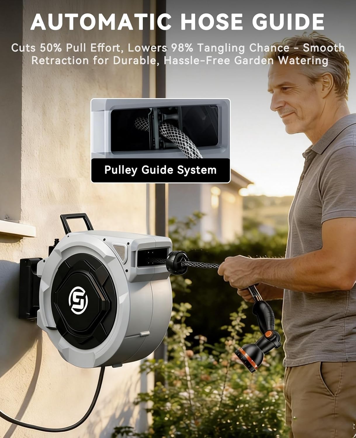 Retractable Garden Hose Reel - 1/2" x 100ft Wall Mounted Hose Reel with 3/4'' Brass Fitting & 10-Pattern Nozzle - Auto Slow Retraction, Any-Length Lock, 180°Swivel for Lawn & Gardening