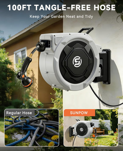Retractable Garden Hose Reel - 1/2" x 100ft Wall Mounted Hose Reel with 3/4'' Brass Fitting & 10-Pattern Nozzle - Auto Slow Retraction, Any-Length Lock, 180°Swivel for Lawn & Gardening