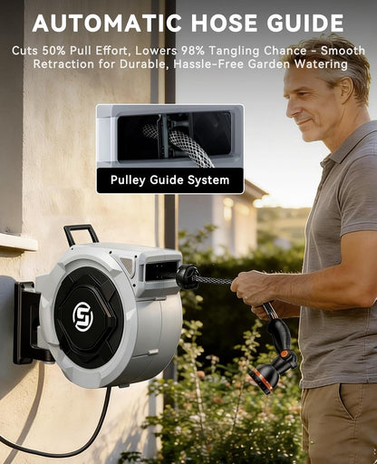 Retractable Garden Hose Reel - 1/2" x 100ft Wall Mounted Hose Reel with 3/4'' Brass Fitting & 10-Pattern Nozzle - Auto Slow Retraction, Any-Length Lock, 180°Swivel for Lawn & Gardening