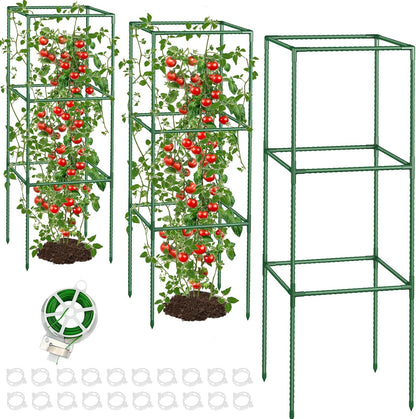3 Pack Tomato Cages with Clips & Garden Wire, Outdoor Heavy Duty Steel Square Tomato Plant Support Stakes Garden Trellis for Climbing Plants Vegetables Flowers Fruits (41.5 Inch)