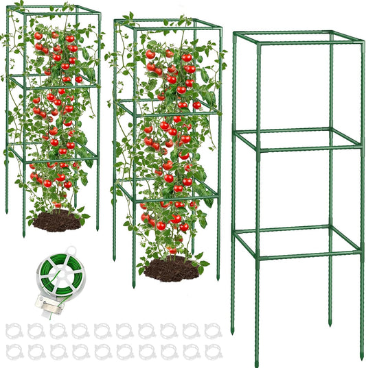 3 Pack Tomato Cages with Clips & Garden Wire, Outdoor Heavy Duty Steel Square Tomato Plant Support Stakes Garden Trellis for Climbing Plants Vegetables Flowers Fruits (41.5 Inch)
