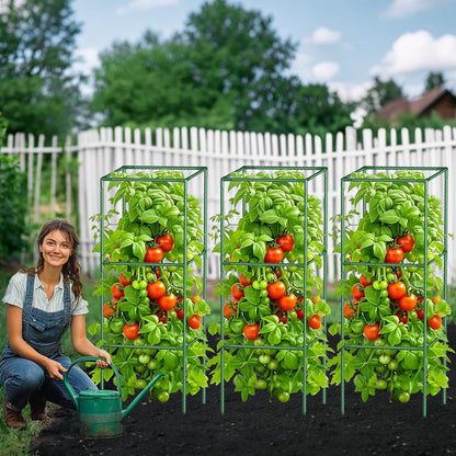 3 Pack Tomato Cages with Clips & Garden Wire, Outdoor Heavy Duty Steel Square Tomato Plant Support Stakes Garden Trellis for Climbing Plants Vegetables Flowers Fruits (41.5 Inch)