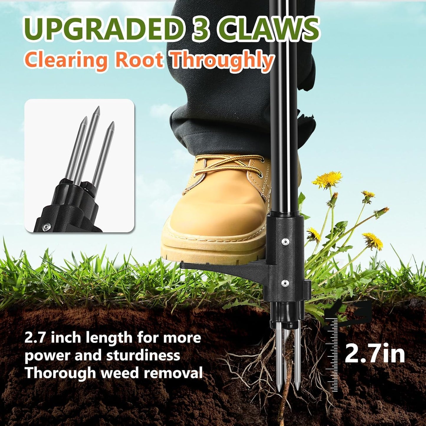 Weed Puller Tool, 3-Claw Stand Up Weed Puller Tool with Long Handle, Garden Weeder Puller Heavy Duty Stand Up Weeder, Weeding Tool for Lawn, Yard, Garden, Crabgrass, Dandelion Picker
