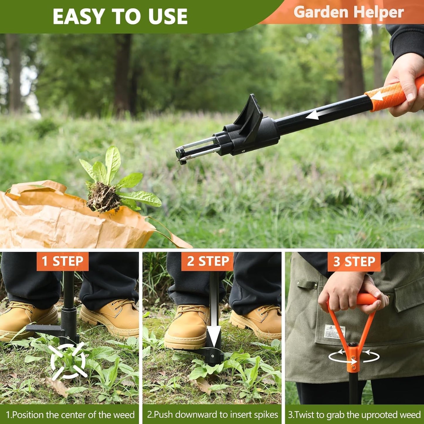 Weed Puller Tool, 3-Claw Stand Up Weed Puller Tool with Long Handle, Garden Weeder Puller Heavy Duty Stand Up Weeder, Weeding Tool for Lawn, Yard, Garden, Crabgrass, Dandelion Picker