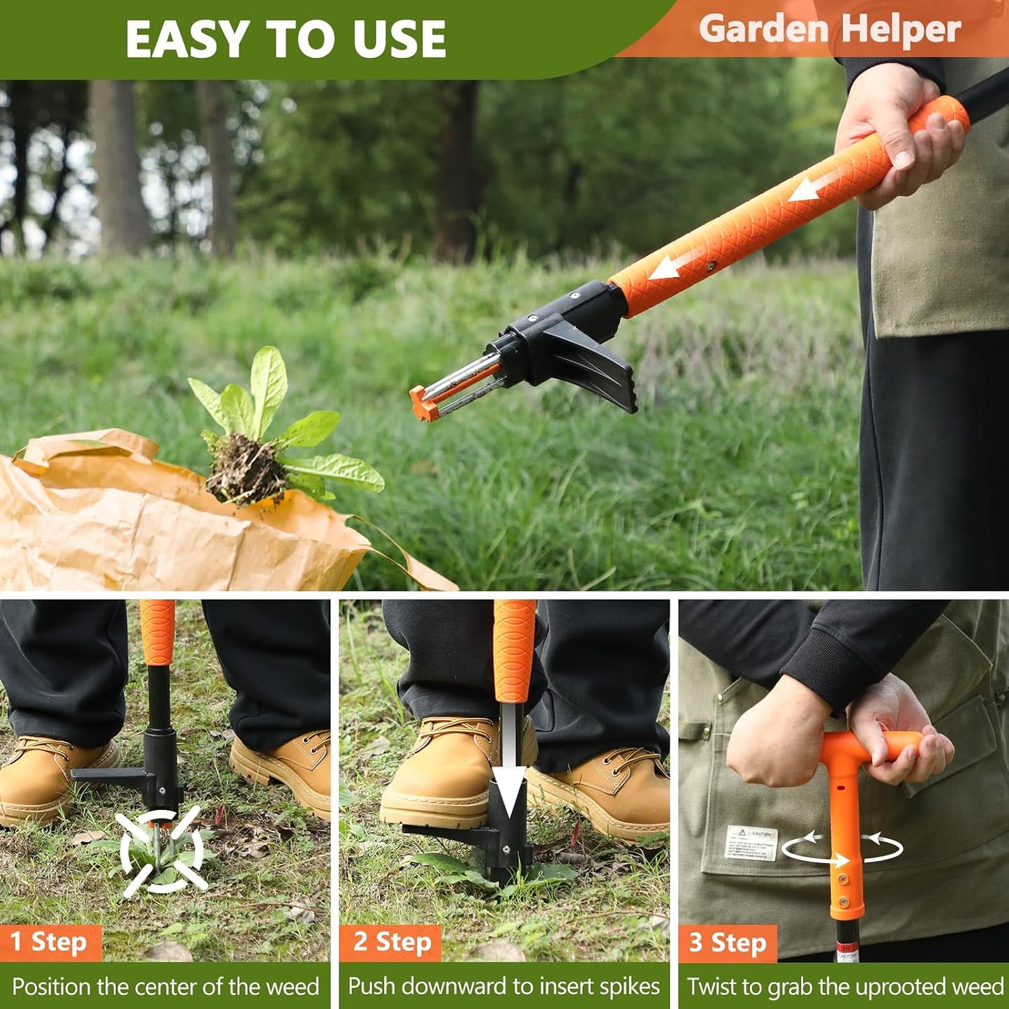 Weed Puller Tool, 3-Claw Stand Up Weed Puller Tool with Long Handle, Garden Weeder Puller Heavy Duty Stand Up Weeder, Weeding Tool for Lawn, Yard, Garden, Crabgrass, Dandelion Picker