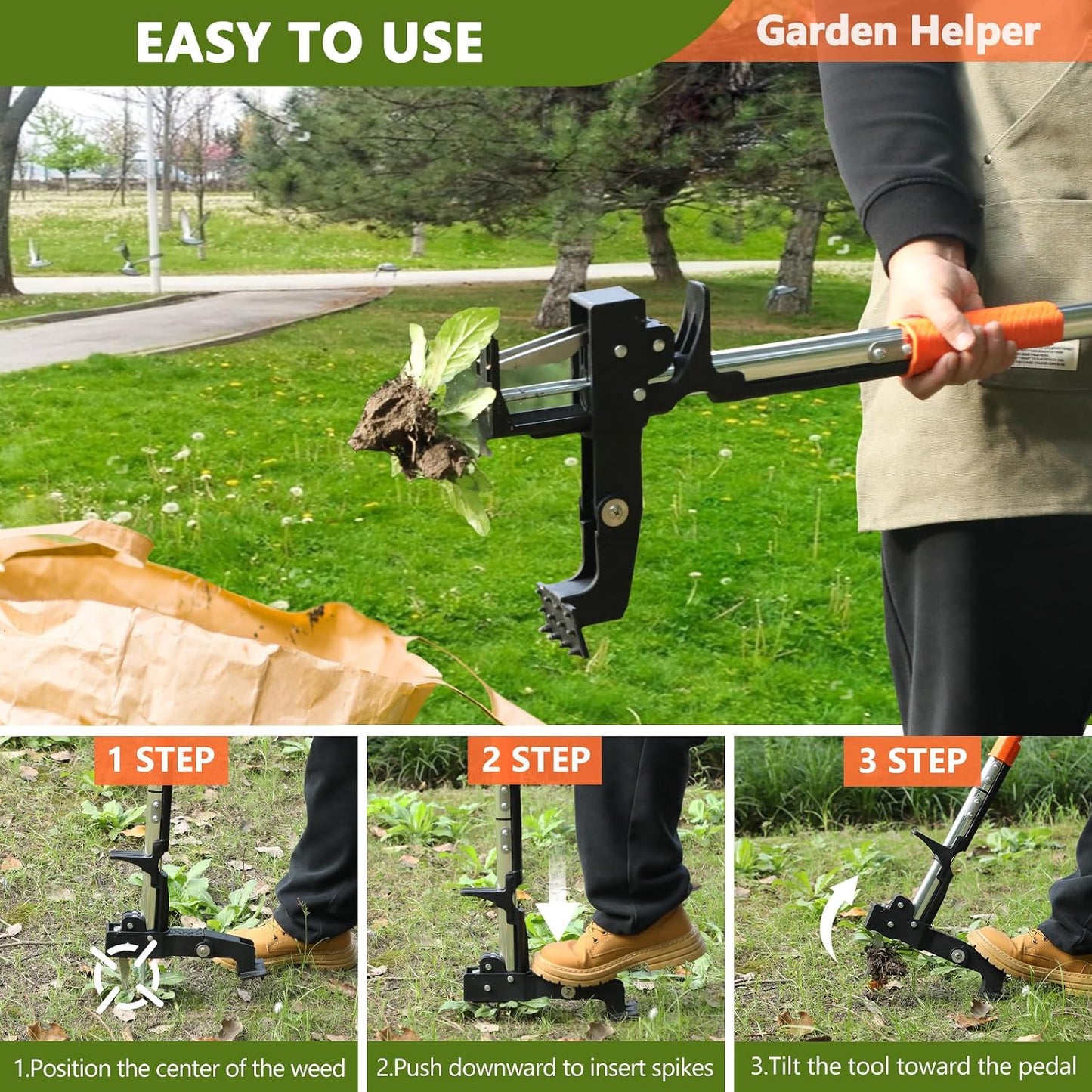 Weed Puller Tool, 3-Claw Stand Up Weed Puller Tool with Long Handle, Garden Weeder Puller Heavy Duty Stand Up Weeder, Weeding Tool for Lawn, Yard, Garden, Crabgrass, Dandelion Picker