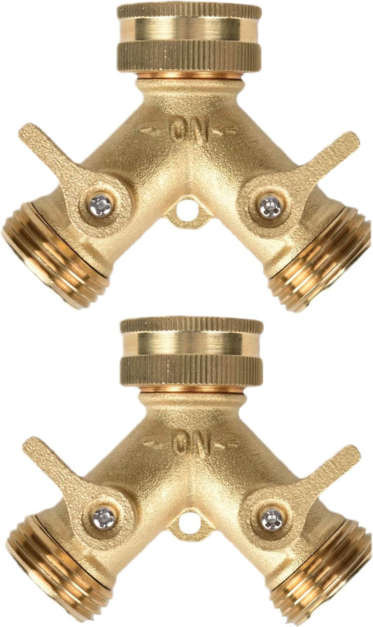 Heavy Duty Brass Garden Hose Splitter, 2 Way Outdoor Faucet Splitter with Solid Brass Handles, Leakproof 3/4 Inch Hose Bib Adapter, Heavy Duty Outdoor Water Hose Connector for Garden and Yard-2Pack
