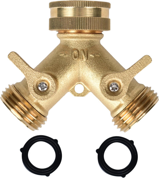 Heavy Duty Brass Garden Hose Splitter, 2 Way Outdoor Faucet Splitter with Solid Brass Handles, Leakproof 3/4 Inch Hose Bib Adapter, Heavy Duty Outdoor Water Hose Connector for Garden and Yard-2Pack