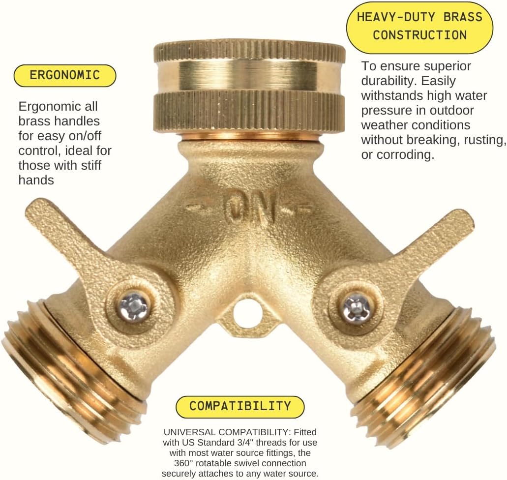 Heavy Duty Brass Garden Hose Splitter, 2 Way Outdoor Faucet Splitter with Solid Brass Handles, Leakproof 3/4 Inch Hose Bib Adapter, Heavy Duty Outdoor Water Hose Connector for Garden and Yard-2Pack