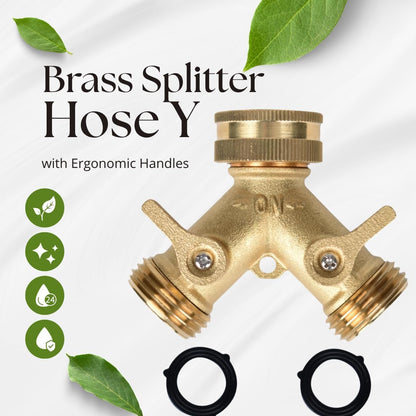 Heavy Duty Brass Garden Hose Splitter, 2 Way Outdoor Faucet Splitter with Solid Brass Handles, Leakproof 3/4 Inch Hose Bib Adapter, Heavy Duty Outdoor Water Hose Connector for Garden and Yard-2Pack