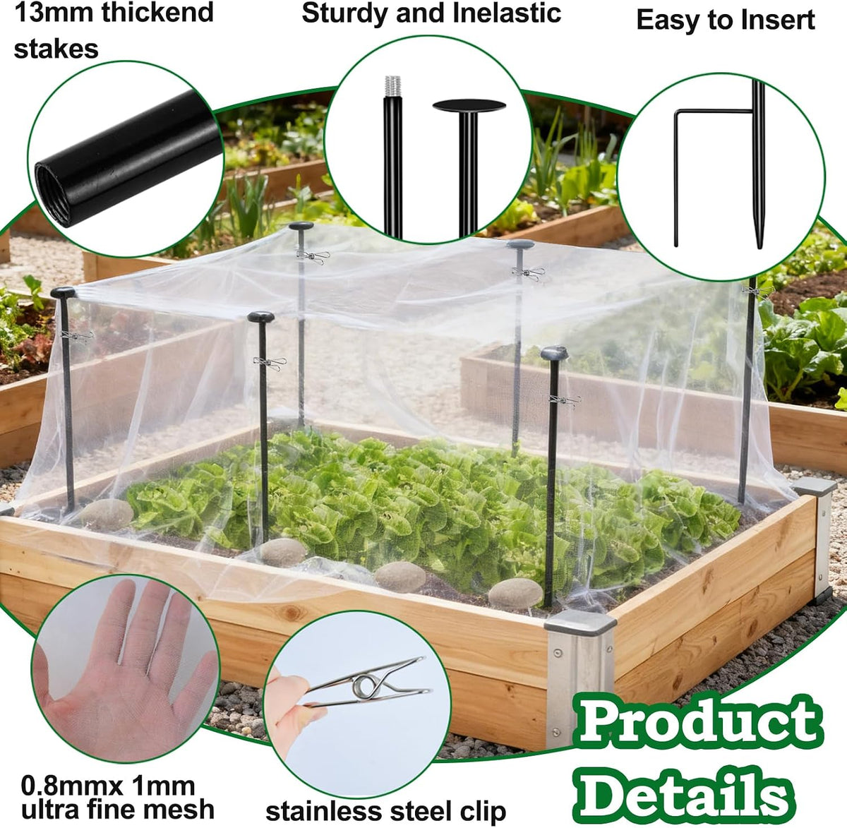 Metal Garden Netting Kit, 6 Pack 2.6ft Raised Garden Bed Net Support Stakes with 13×10ft Fine Mesh Insect Netting 12pcs Clips Bird Barrier Screen Cover for Protect Plant Vegetable Row from Animals Bug