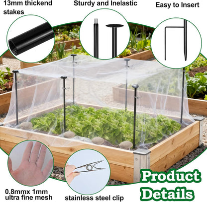 Metal Garden Netting Kit, 6 Pack 2.6ft Raised Garden Bed Net Support Stakes with 13×10ft Fine Mesh Insect Netting 12pcs Clips Bird Barrier Screen Cover for Protect Plant Vegetable Row from Animals Bug