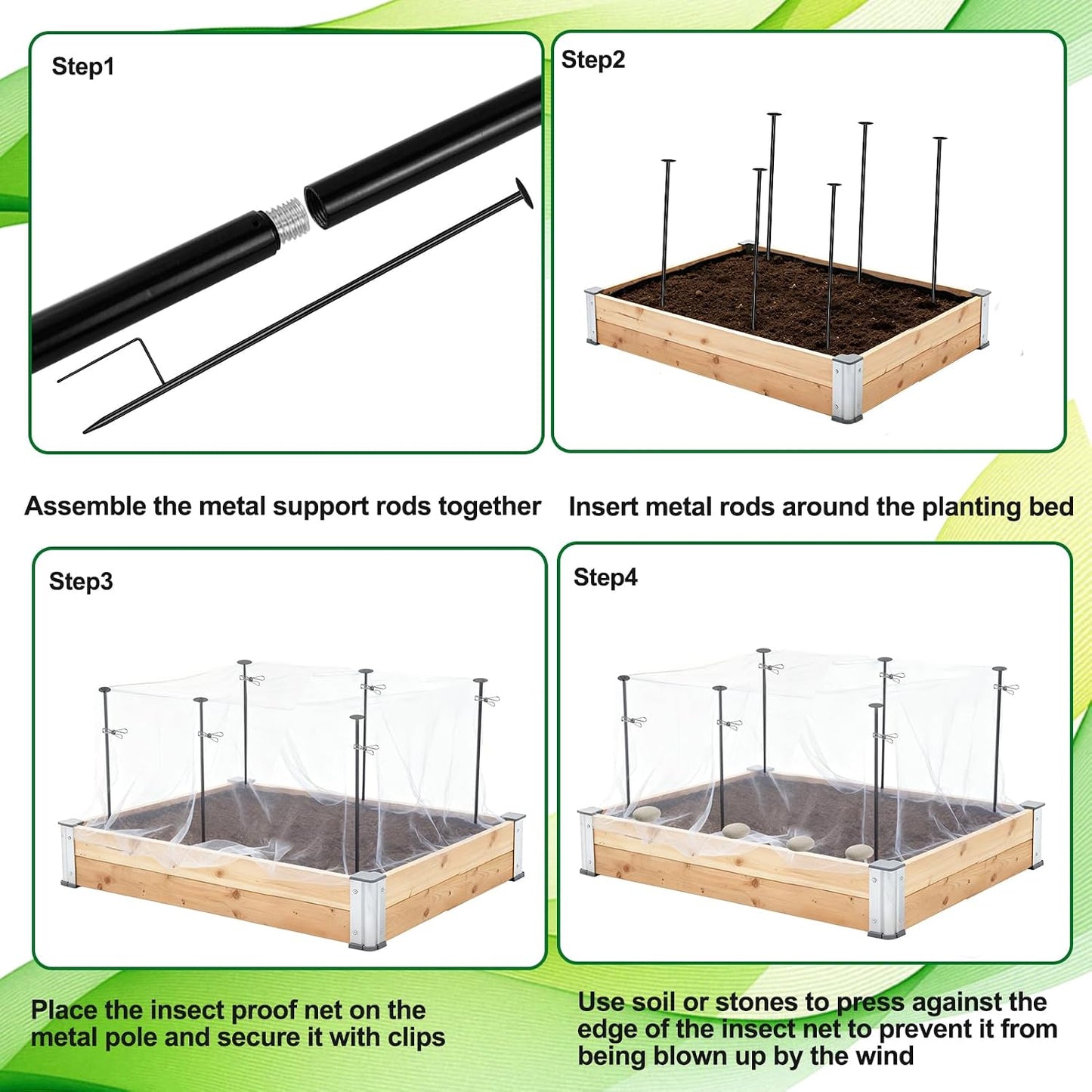 Metal Garden Netting Kit, 6 Pack 2.6ft Raised Garden Bed Net Support Stakes with 13×10ft Fine Mesh Insect Netting 12pcs Clips Bird Barrier Screen Cover for Protect Plant Vegetable Row from Animals Bug