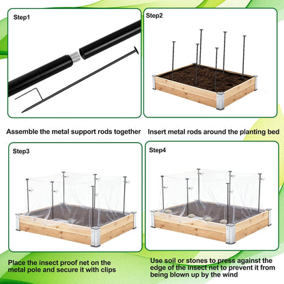 Metal Garden Netting Kit, 6 Pack 2.6ft Raised Garden Bed Net Support Stakes with 13×10ft Fine Mesh Insect Netting 12pcs Clips Bird Barrier Screen Cover for Protect Plant Vegetable Row from Animals Bug