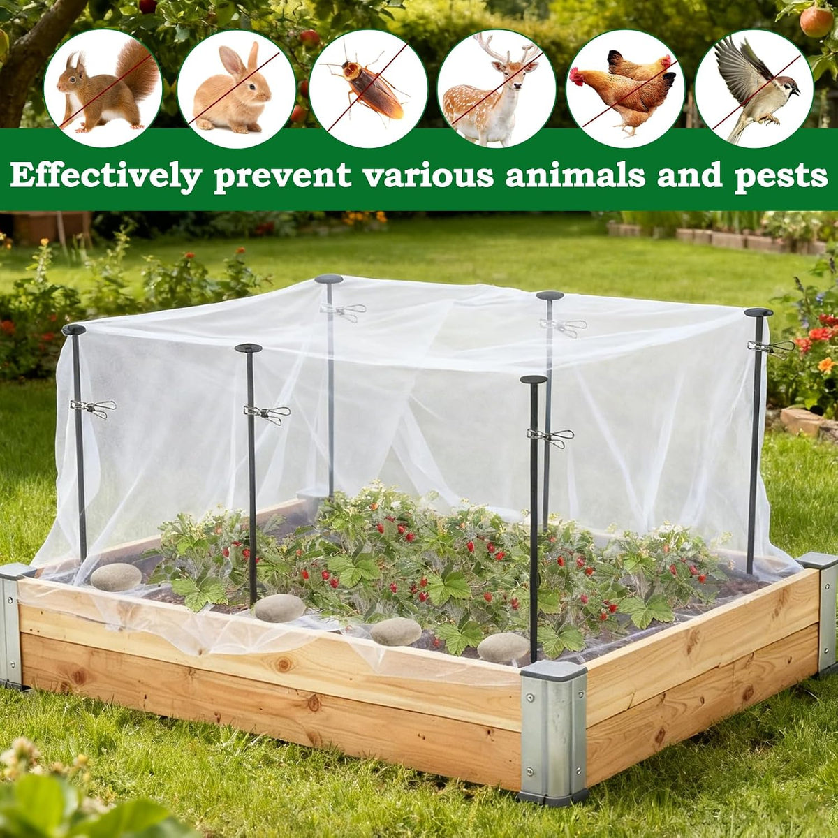 Metal Garden Netting Kit, 6 Pack 2.6ft Raised Garden Bed Net Support Stakes with 13×10ft Fine Mesh Insect Netting 12pcs Clips Bird Barrier Screen Cover for Protect Plant Vegetable Row from Animals Bug