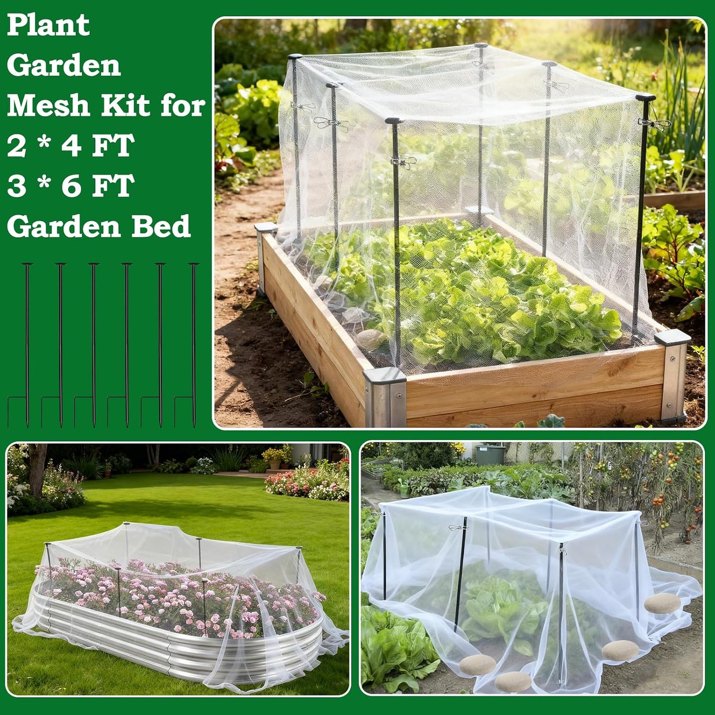 Metal Garden Netting Kit, 6 Pack 2.6ft Raised Garden Bed Net Support Stakes with 13×10ft Fine Mesh Insect Netting 12pcs Clips Bird Barrier Screen Cover for Protect Plant Vegetable Row from Animals Bug